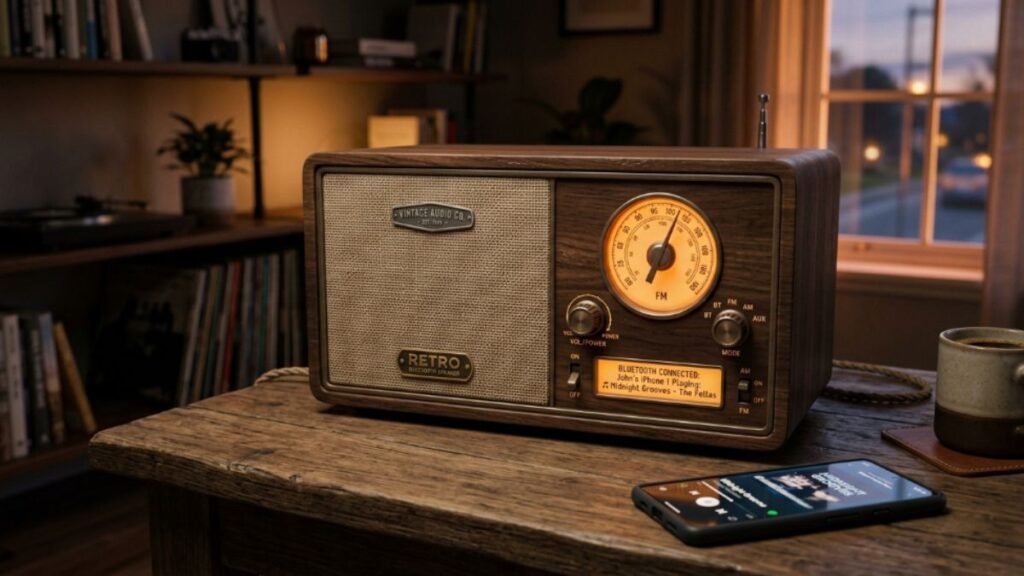 Rádio retrô Bluetooth em ambiente residencial
