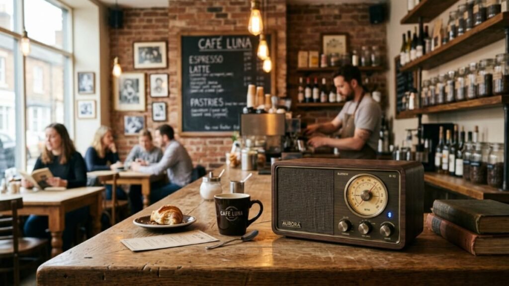 Rádio retrô utilizada na decoração de cafeteria