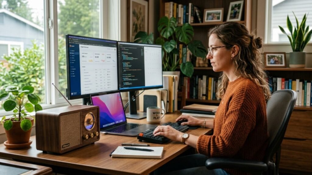 Uso diário de rádio retrô Bluetooth no home office